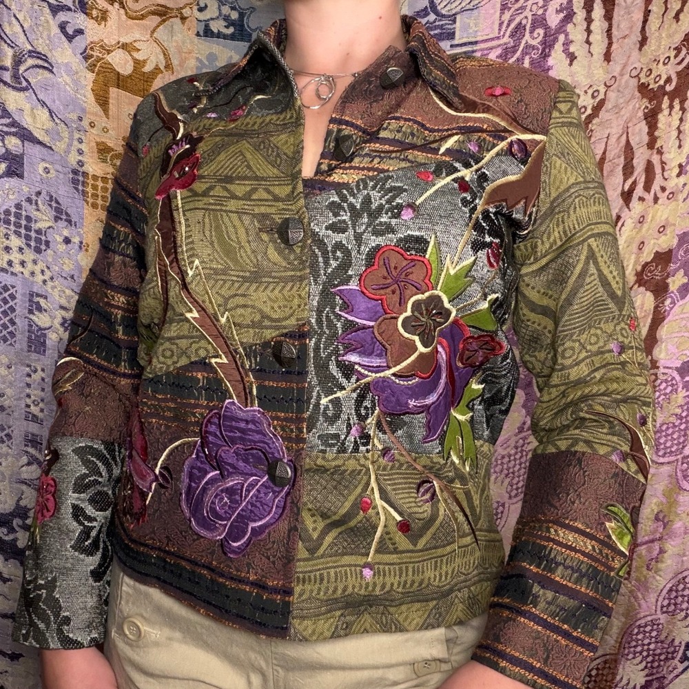 Vintage Patchwork Tapestry Beaded Sequin Floral Shacket Boho Whimsy Size S